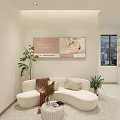 Modern Beauty Hair Salon Interior Featuring Reception Desk Circular Logo Pendant Lights Sculpture Marble Floor