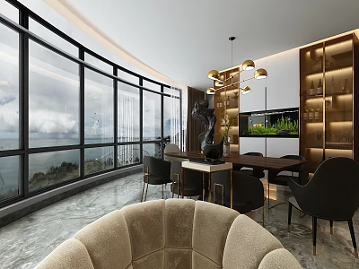 Modern Leisure Room With Floor To Ceiling Windows Ocean View And Chic Decor 3d model