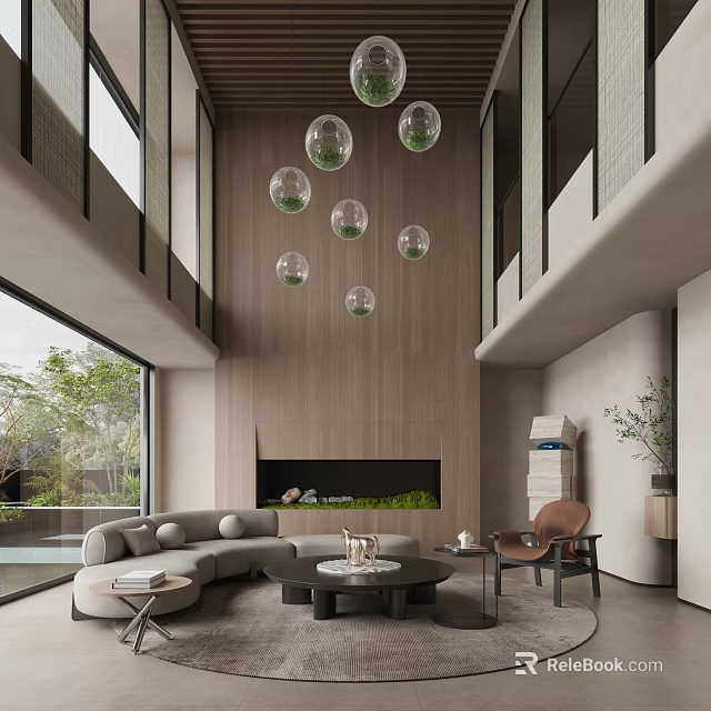 Modern Duplex Living Room Interior With High Ceilings Spherical Pendant Lights And Fireplace 3d model 