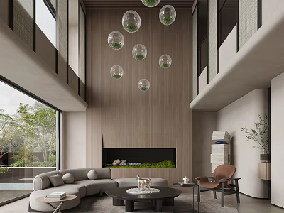Modern Duplex Living Room Interior With High Ceilings Spherical Pendant Lights And Fireplace 3d model