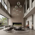 Modern Duplex Living Room Interior With High Ceilings Spherical Pendant Lights And Fireplace