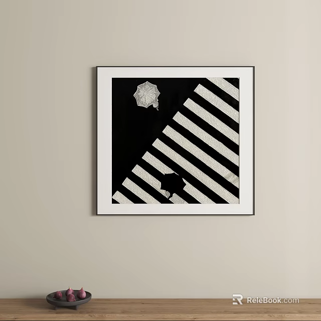 Abstract Painting With Black And White Striped Patterns Framed On Wall 3d model