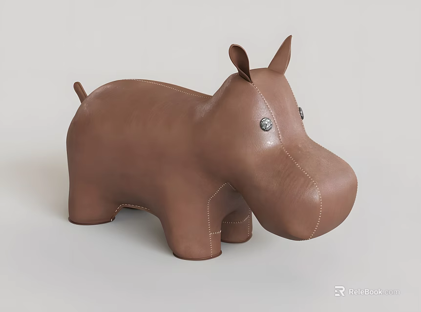 Hippo Shaped Brown Leather Stool With Stitched Details And Animal Design 3d model 