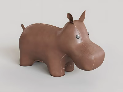 Hippo Shaped Brown Leather Stool With Stitched Details And Animal Design 3d model