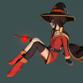 Witch Riding Broomstick With Red Glowing Orb Red Top Black Skirt White Stockings