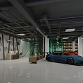Modern 4S Dealership Interior Featuring Blue And Orange Sports Cars And Showroom Seating