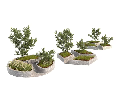 Landscape Design Featuring Stone Tree Planters with Lush Trees and Green Plants 3d model