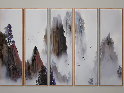 Five Panel Chinese Landscape Painting With Misty Mountains Flying Birds And Trees 3d model