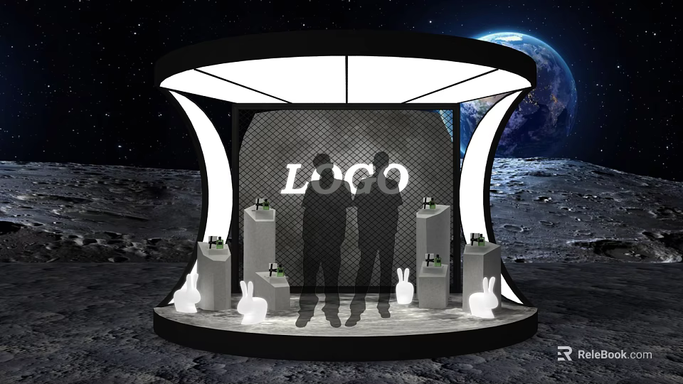 Moon Surface Booth With Earth Background LOGO Two People White Rabbit Decorations Green Bottles 3d model 