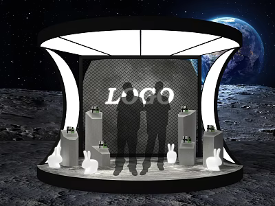 Moon Surface Booth With Earth Background LOGO Two People White Rabbit Decorations Green Bottles 3d model
