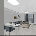 Modern Living And Dining Room Interior With Sofa Dining Table Decorative Paintings And Curtains
