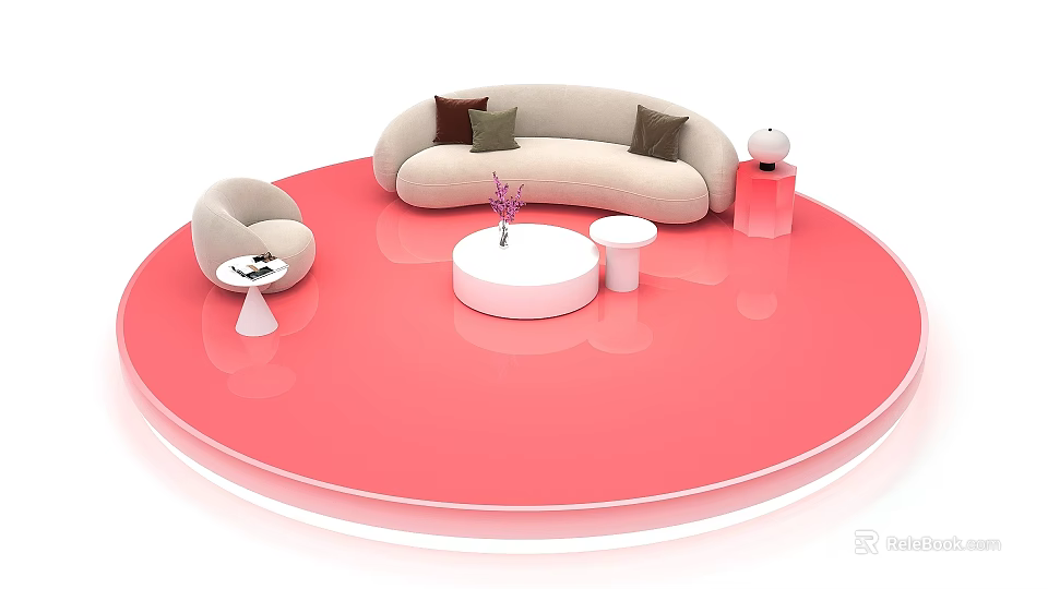 Live Stream Room Featuring Pink Circular Platform Beige Sofa White Coffee Table And Purple Flower 3d model 