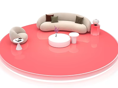 Live Stream Room Featuring Pink Circular Platform Beige Sofa White Coffee Table And Purple Flower 3d model