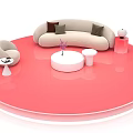 Live Stream Room Featuring Pink Circular Platform Beige Sofa White Coffee Table And Purple Flower