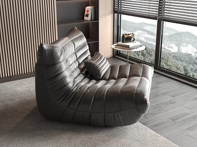 Black Leather Quilted Bean Bag Chair in Modern Living Room with Mountain View Window 3d model
