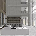 Modern Spacious Lobby Reception Desk With Marble Floor Light Stone Walls And Decorative Plants