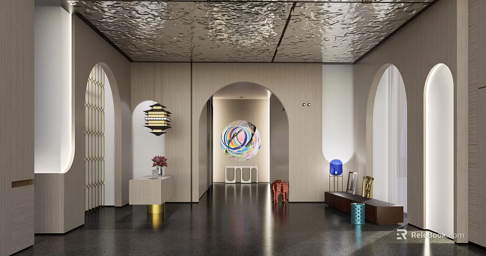 Modern Reception Desk Area With Arched Doorways Artwork And Pendant Lighting 3d model 