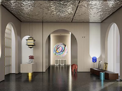 Modern Reception Desk Area With Arched Doorways Artwork And Pendant Lighting 3d model