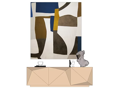 Modern Abstract Art Painting Above Geometric Cabinet With Sculpture And Wine Glasses 3d model