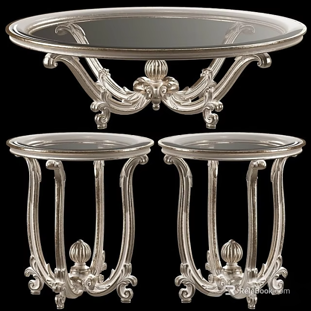 Elegant Dining Table With Silver Metal Frame Glass Top And Decorative Side Tables 3d model 