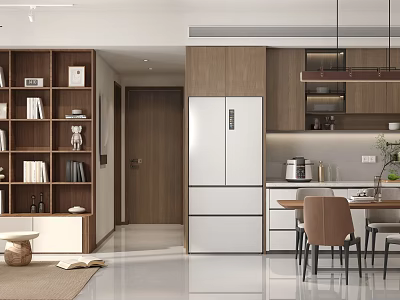 Modern Living Room Interior Design With Wooden Bookshelf Dining Table And Pendant Lights 3d model