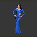 Elegant Woman In Fitted Blue Long Dress Posing With Hands On Hips Against Gradient Background