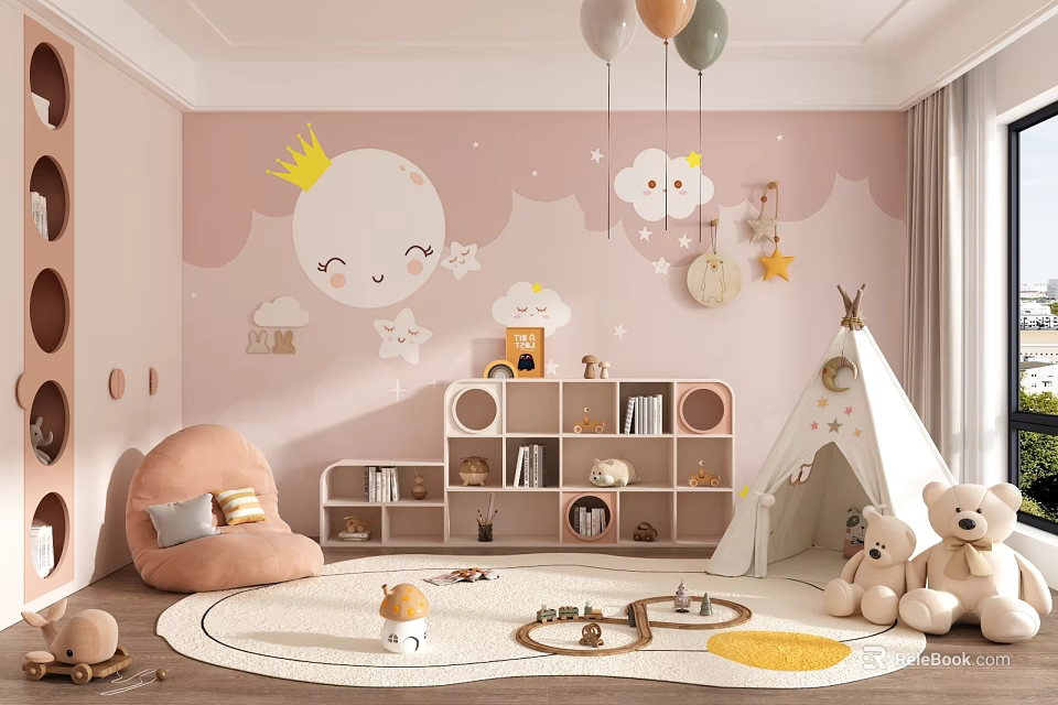 Kids Room Interior With Pink Wall Moon Cloud Decorations Hanging Balloons And Teepee Tent 3d model 