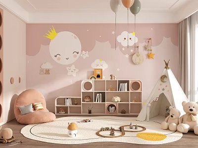 Kids Room Interior With Pink Wall Moon Cloud Decorations Hanging Balloons And Teepee Tent 3d model