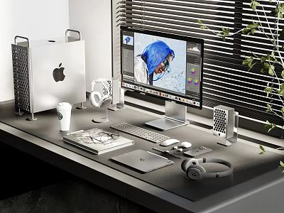 Modern Desktop Computer Workstation With Monitor Keyboard Mouse Headphones And Speakers On Office Desk 3d model