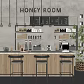 Honey Room Café Interior With Wooden Counter Stools Hanging Pendant Lights Shelves and Green Plants