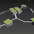 Modern Industrial Park With Green Roofs Modern Buildings Trees And Connecting Walkways