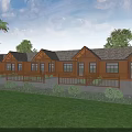 Row of Wooden Houses with Brown Roofs and Porch Railings in Green Lawn