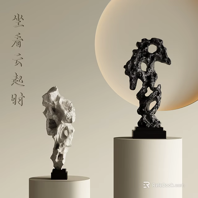 Two Decorative Stone Carvings White And Black Sculptures On Pedestals With Circular Background 3d model 