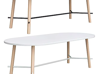 Modern Minimalist Coffee Table With White Oval Top Wooden Legs And Metal Crossbar 3d model