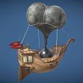 Cartoon Flying Ship Scene With Gray Balloon Wooden Hull Red Flag And Metal Ball