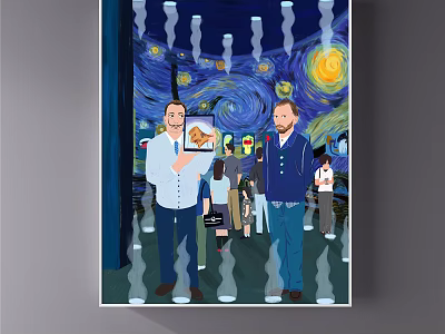 Two Men Portrait In Art Gallery With Starry Night Background And Tablet Displaying Painting 3d model