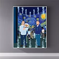 Two Men Portrait In Art Gallery With Starry Night Background And Tablet Displaying Painting