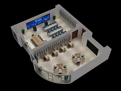 Modern Public Office Area Design With Multiple Workstations Meeting Table And Large Digital Display Screens 3d model
