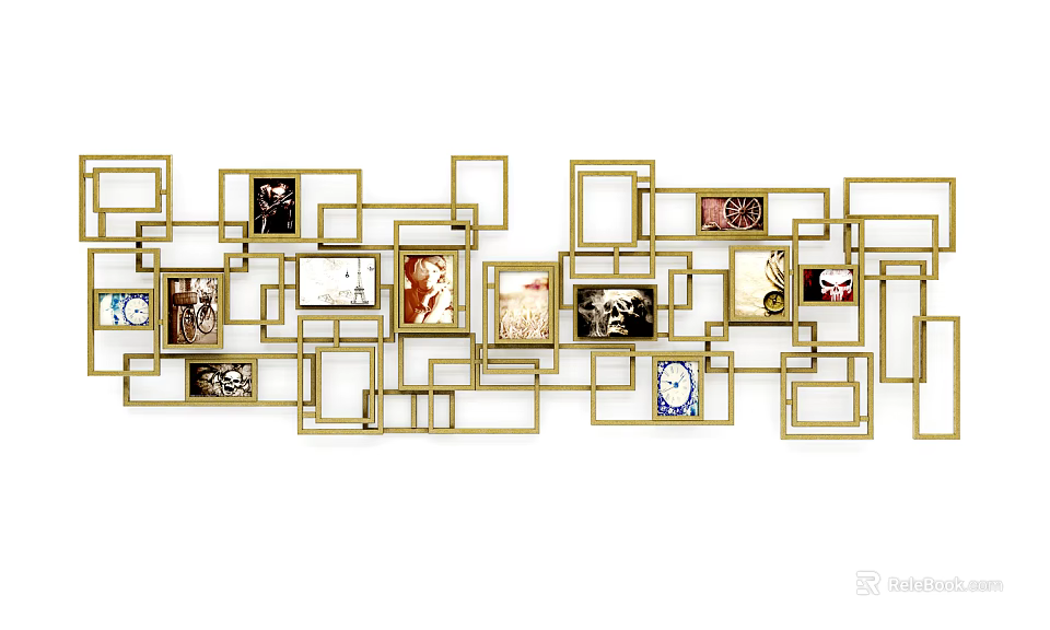 Modern Wall Decor With Golden Frames And Abstract Geometric Arrangement Of Artworks 3d model 