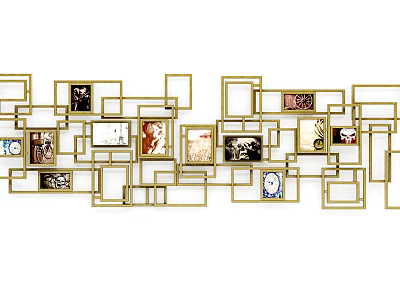 Modern Wall Decor With Golden Frames And Abstract Geometric Arrangement Of Artworks 3d model