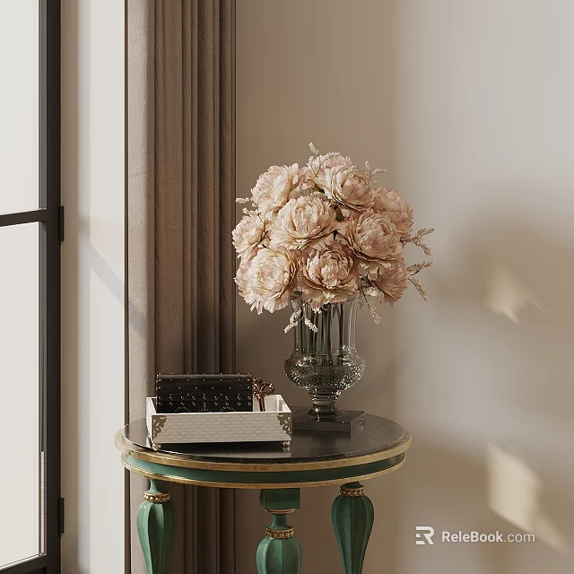 Bonsai Plant With Pink Flowers In Glass Vase On Window Side Round Table Decor 3d model 