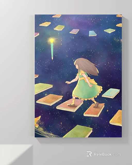 Girl Illustration Long Haired Green Dress on Colorful Stepping Stones Under Starry Sky Shining Rocket 3d model 