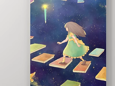 Girl Illustration Long Haired Green Dress on Colorful Stepping Stones Under Starry Sky Shining Rocket 3d model