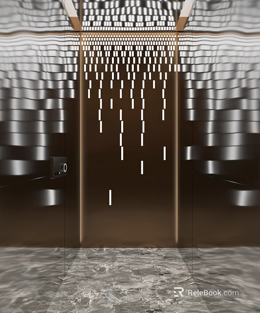 Modern Elevator Interior Design With Wavy Metal Panels And Vertical Lighting Strips 3d model