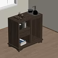 Modern Kitchen Interior With Dark Wood Cabinet Gas Stove Pots And Drawers