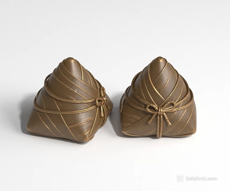 Two Brown Zongzi Shaped Landscape Sculptures With Woven Texture And Rope Bowknot 3d model 
