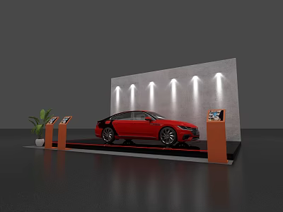 Modern Red Car Display On Exhibition Stand With Spotlights Information Kiosks And Plant 3d model