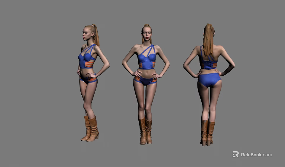 Woman In Blue Bikini And Brown Boots Shown From Three Different Angles 3d model 