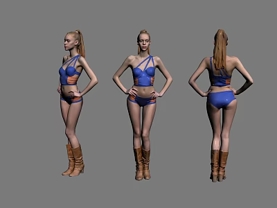 Woman In Blue Bikini And Brown Boots Shown From Three Different Angles 3d model