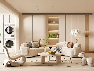 Living Room Interior With Beige Sofas Round Coffee Table Green Plant Floor Lamp And Kid's Toy 3d model